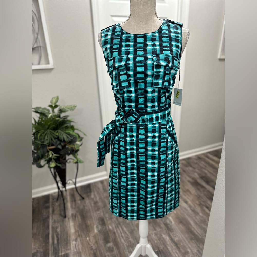Calvin Klein Women’s Teal Belted Sheath Dress With Pockets Size 10